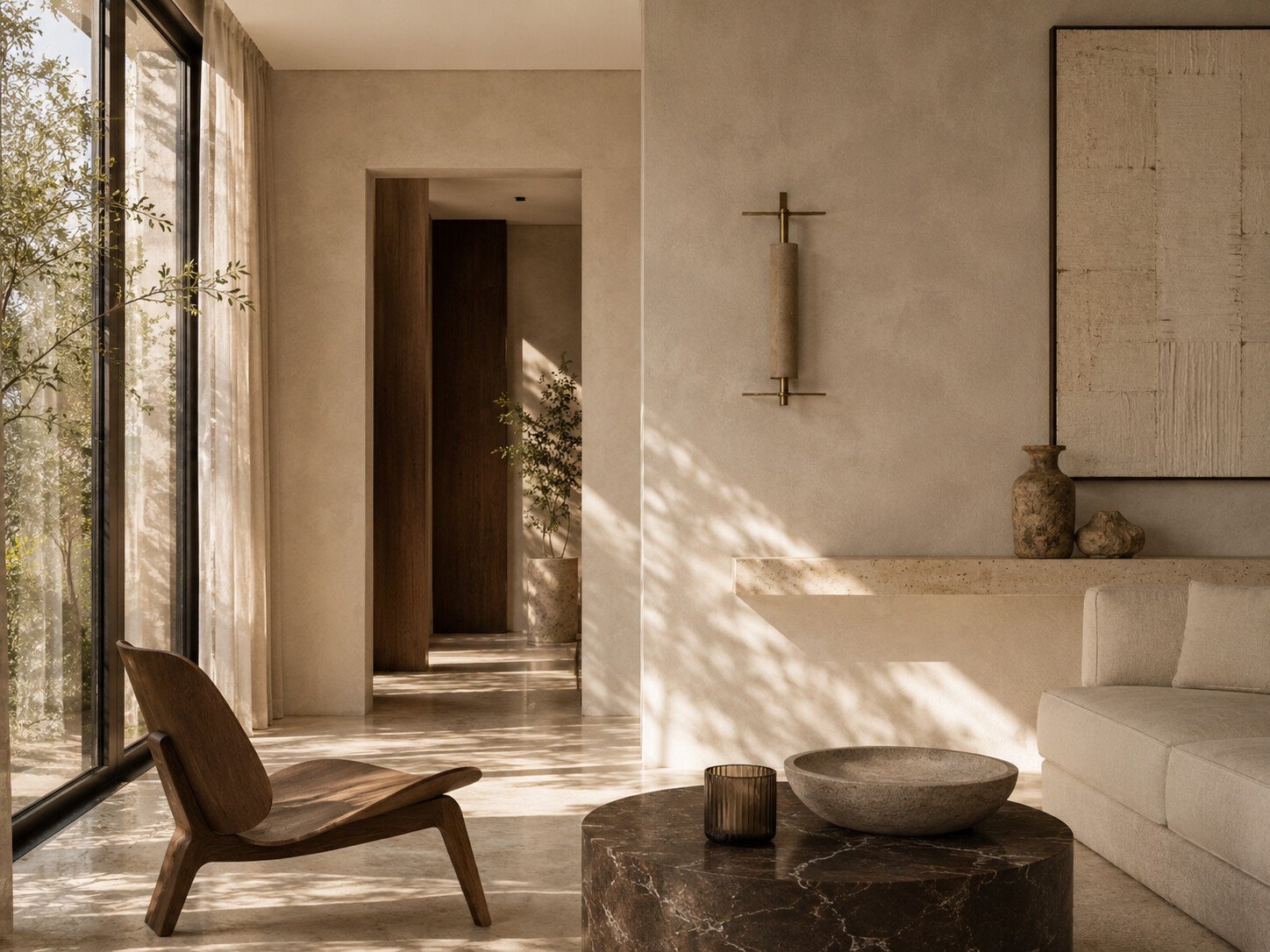 Interior residencial contemporáneo con luz natural, piedra y madera