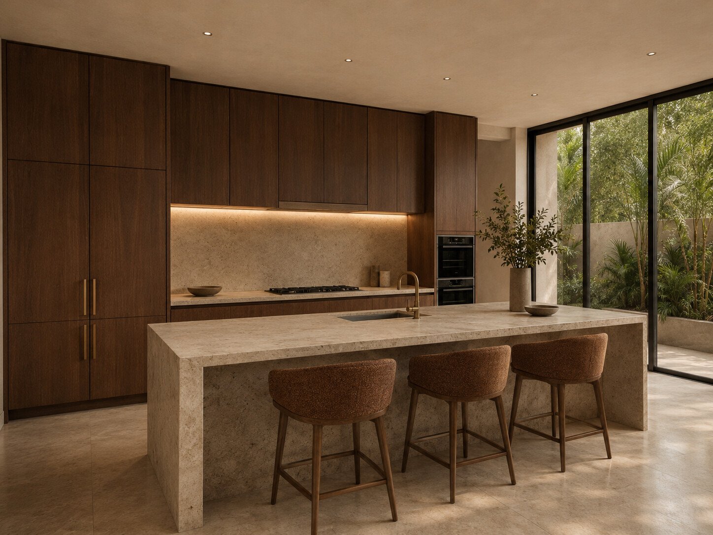 Completed turnkey kitchen with warm timber, limestone and restrained detailing