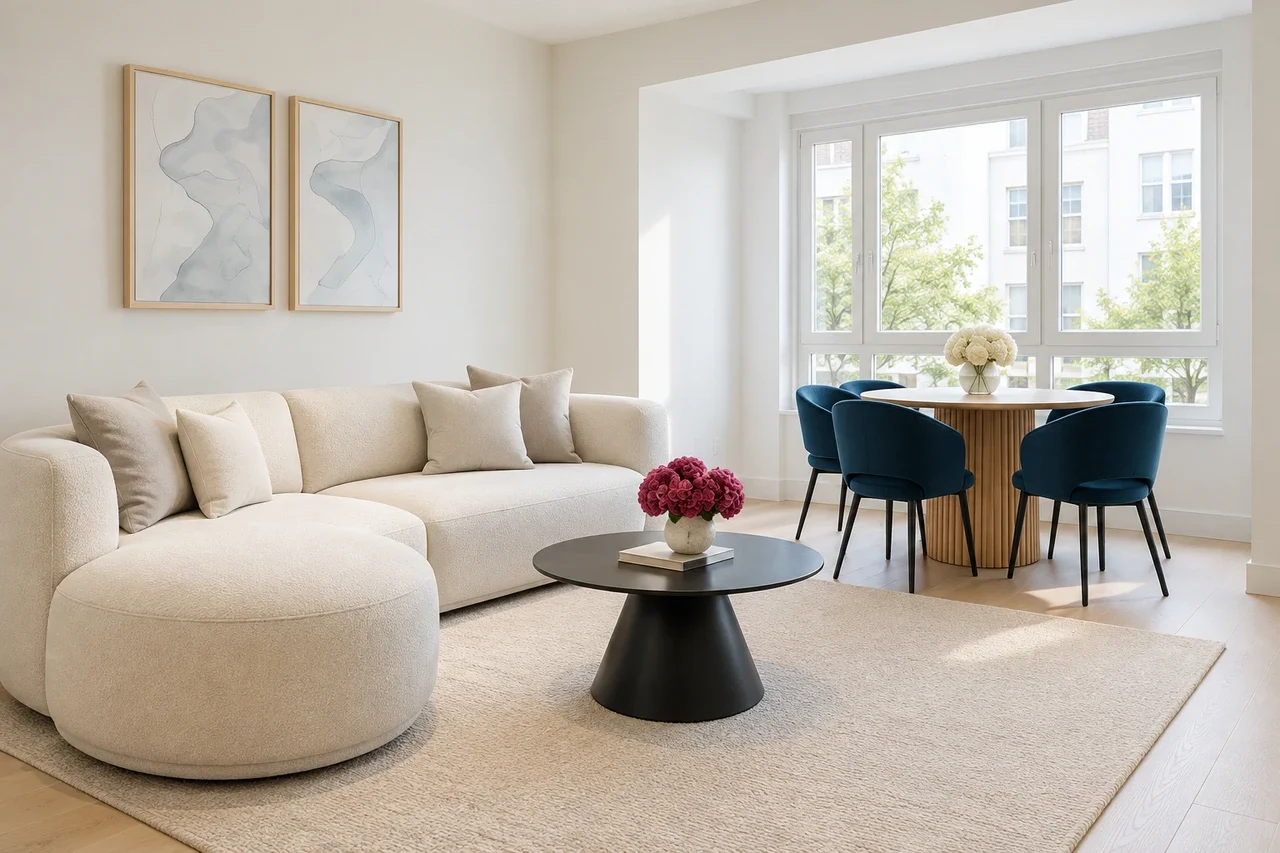 Recreated light living room with curved sofa and blue dining chairs